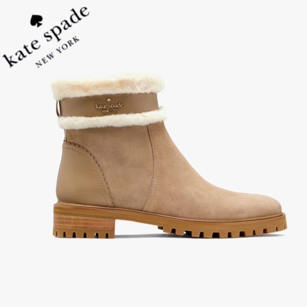 NWT Kate Spade Bailee Tan Ankle Boots with Cream Fur Trim